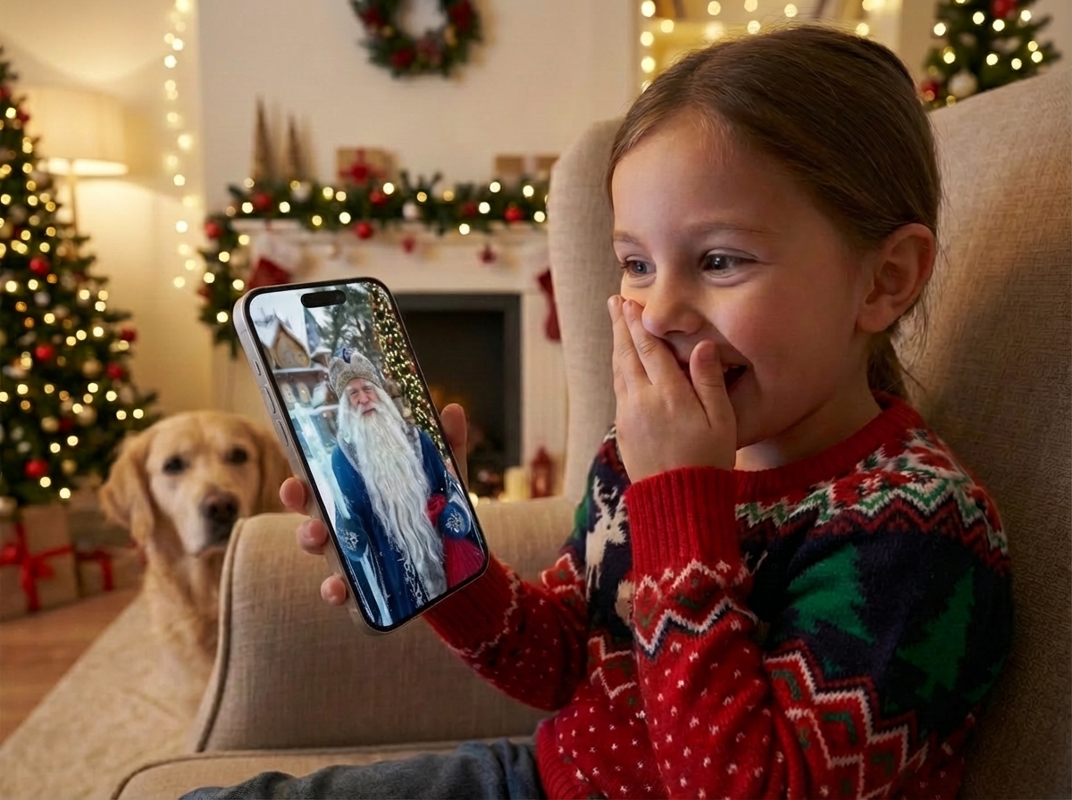 Девочка смотрит видео от Деда Мороза